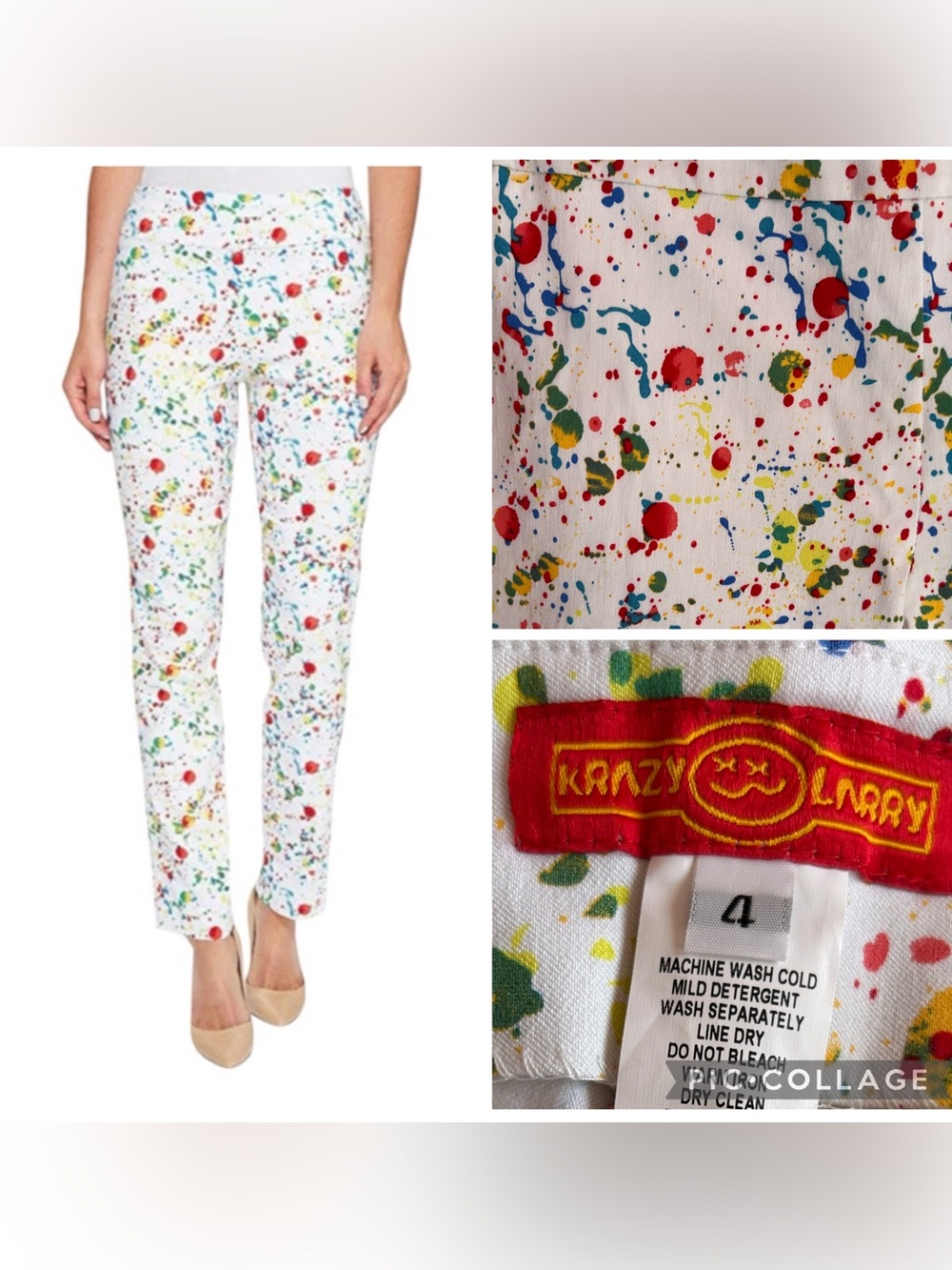 Krazy Larry Paint Splatter Pull On Ankle Pants Stretch White Size 4 Like New - Picture 2 of 8